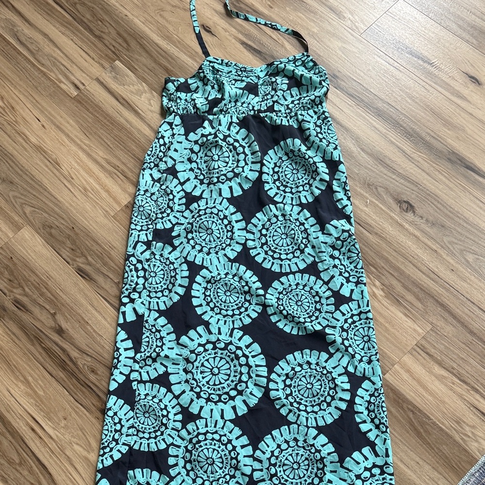 LOFT Navy Maxi Halter Dress with Teal Circular Print- Size 14